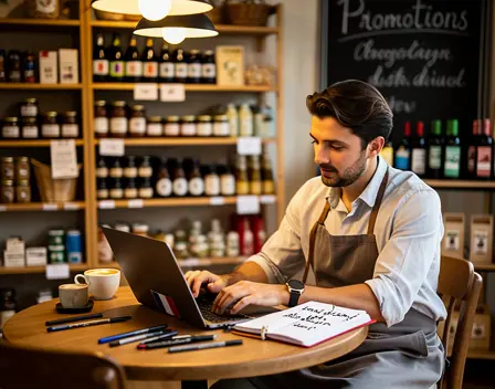 Independent French shop owner working on marketing strategy with laptop and notebook inside a cozy local store, shelves in background, warm lighting, realistic scene, focus on entrepreneurship and local business growth, high resolution
