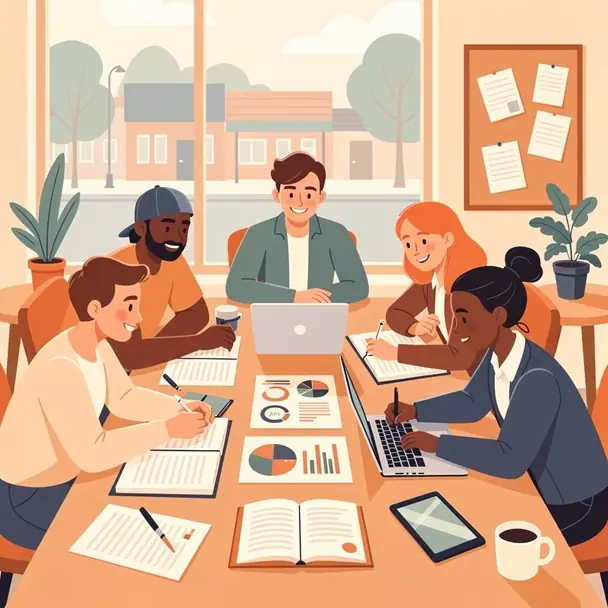 Flat illustration of local entrepreneurs working together around a table with documents, laptop and charts, friendly and collaborative atmosphere, small town context, soft warm colors, clean modern vector style, high resolution
