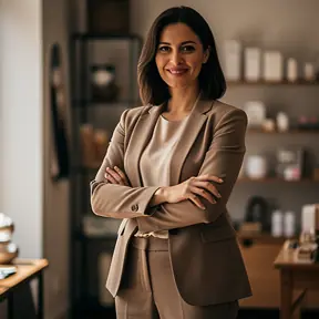 Professional portrait of a French female shop owner in her late 30s, warm natural lighting, subtle blurred background, authentic smile, business casual clothing, realistic editorial photography style, high resolution
