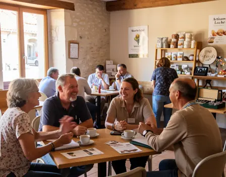 Local shop owners and artisans networking during a community business event, informal discussions, smiling people, coffee cups on tables, small town in Ardèche, authentic atmosphere, natural light, candid documentary style, high resolution

