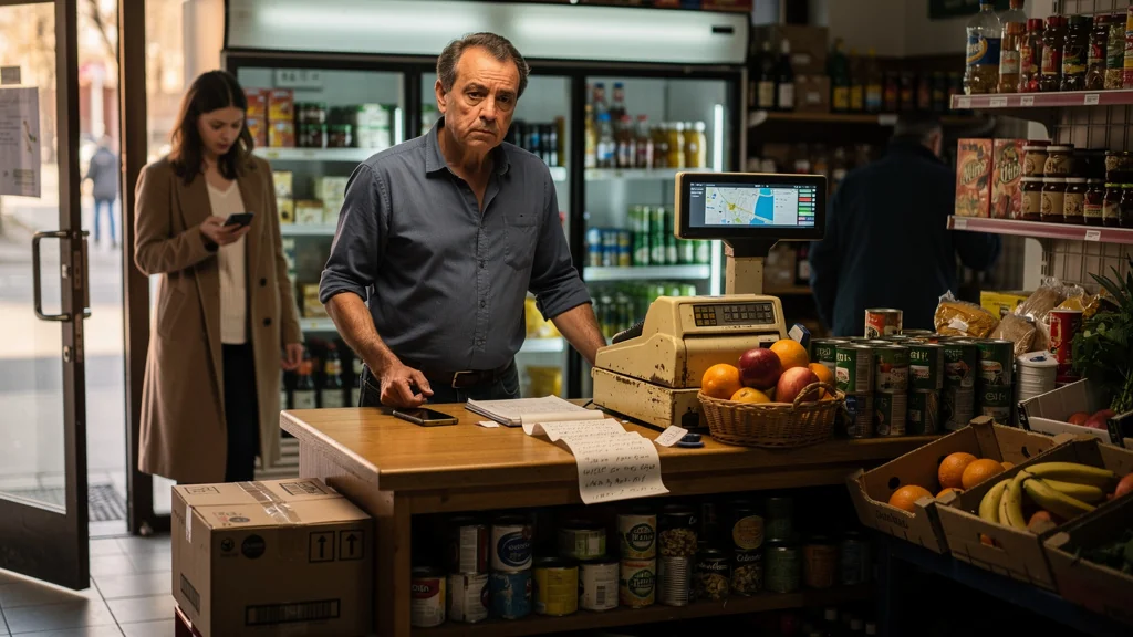 Épicerie locale avec commerçant inquiet, illustrant le coût d’une fiche Google Business mal remplie.