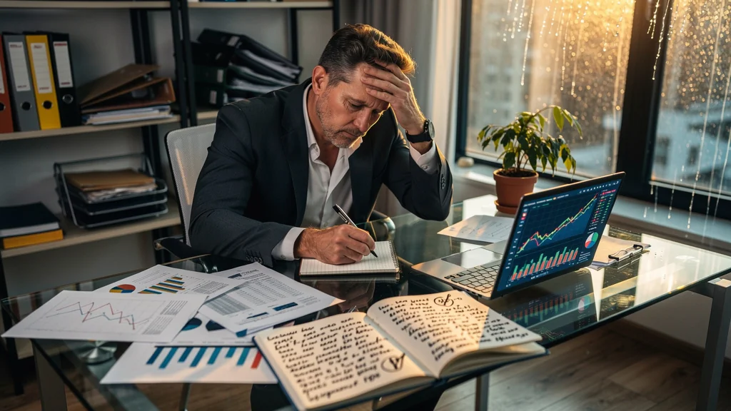 Homme d'affaires pensif après une mauvaise évaluation des besoins en trésorerie, bureau réaliste