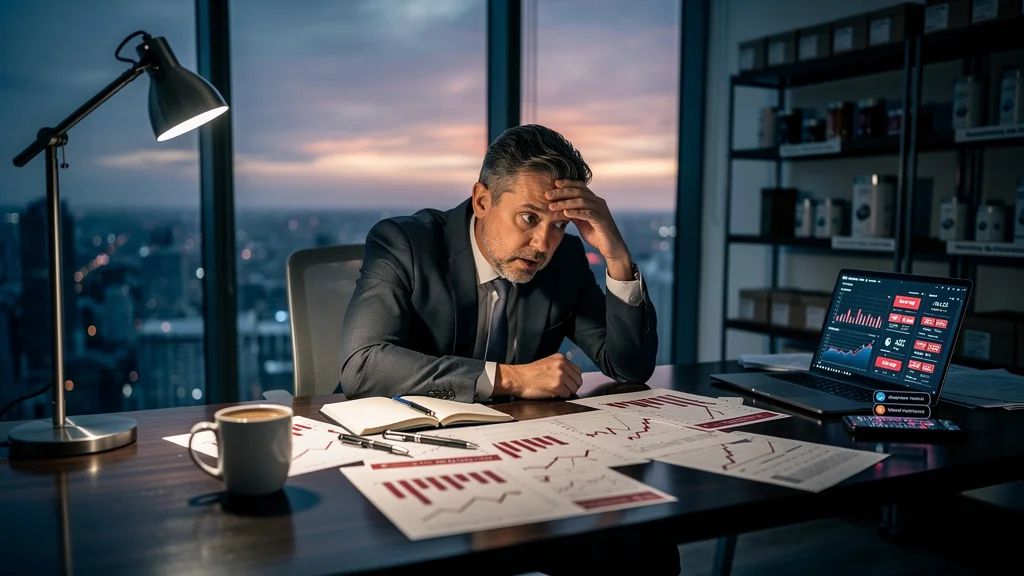 Portrait réaliste d'un cadre découvrant les pertes causées par les ruptures de stock, expression inquiète