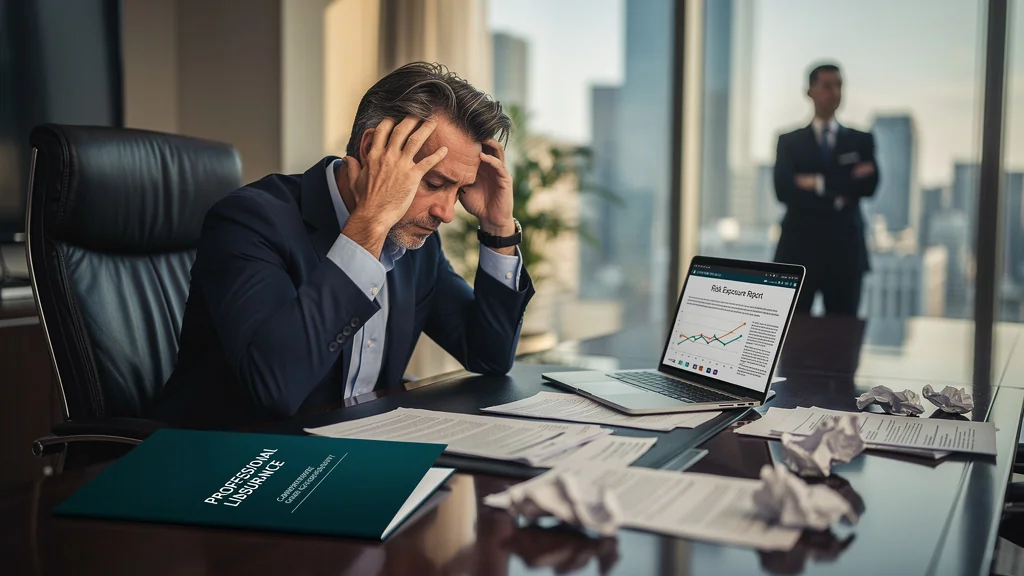 Homme d'affaires regrettant d'avoir négligé l'assurance professionnelle adaptée dans un bureau moderne