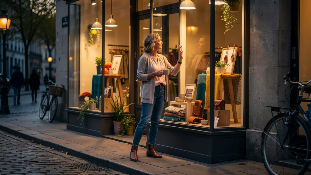 Boutique repensée avec nouvelle vitrine après baisse de fréquentation, ambiance optimiste au coucher du soleil