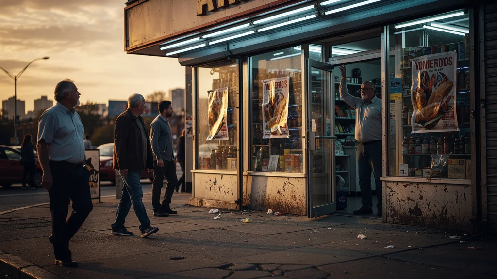 Vitrine de magasin mal éclairée par LED, affiches décolorées et passants qui s’éloignent