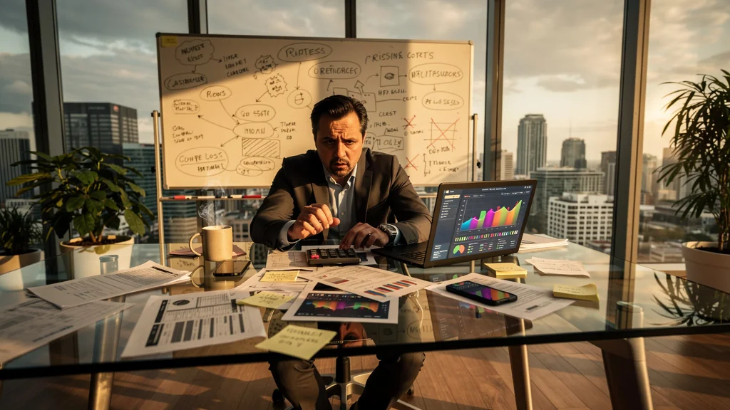 Entrepreneur face à une hausse inattendue des charges révisant son business model en bureau moderne