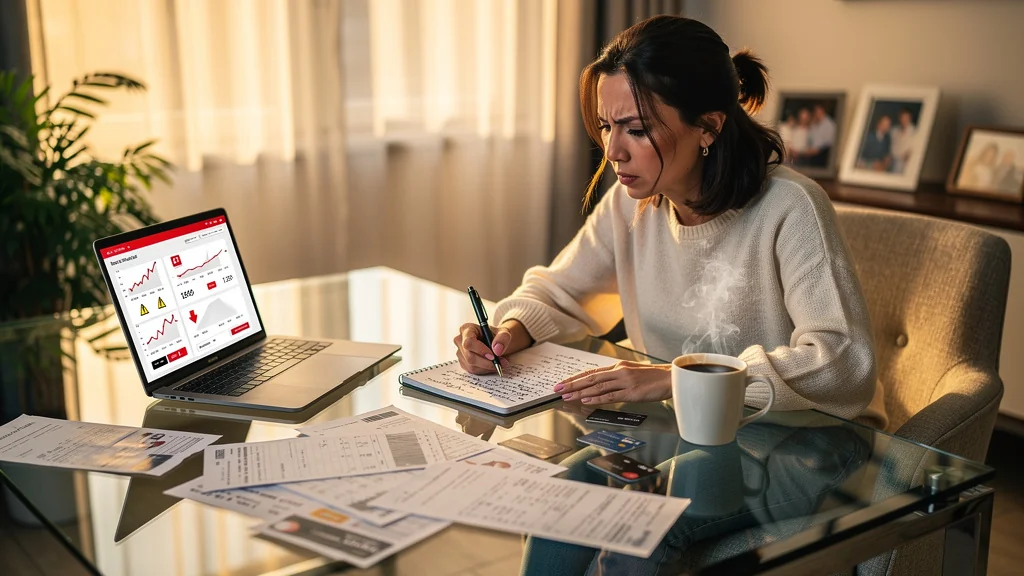 Femme réfléchissant à sa gestion financière après une mauvaise expérience bancaire, ambiance intime et réaliste