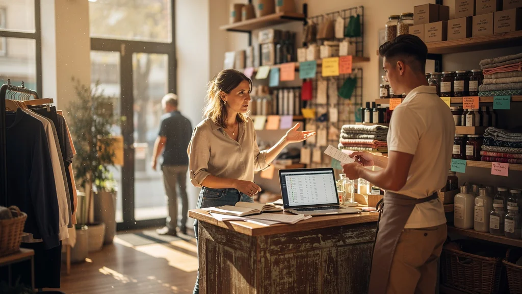 Boutique intense avec gérante déléguant à un employé face à une surcharge de travail