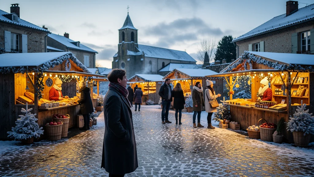 Marché de Noël à Lachapelle, scène réaliste illustrant le commerce rural et l’ambiance chaleureuse du village
