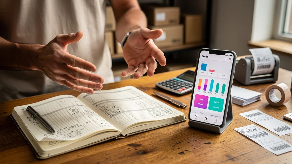 Cahier d’inventaire papier face à l’app Zettle, photo réaliste pour article SEO