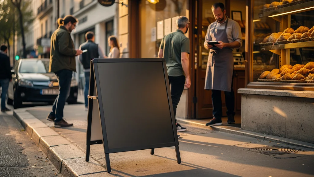 Boulangerie avec signalétique A-frame en test, illustrant l'augmentation du passage en boutique