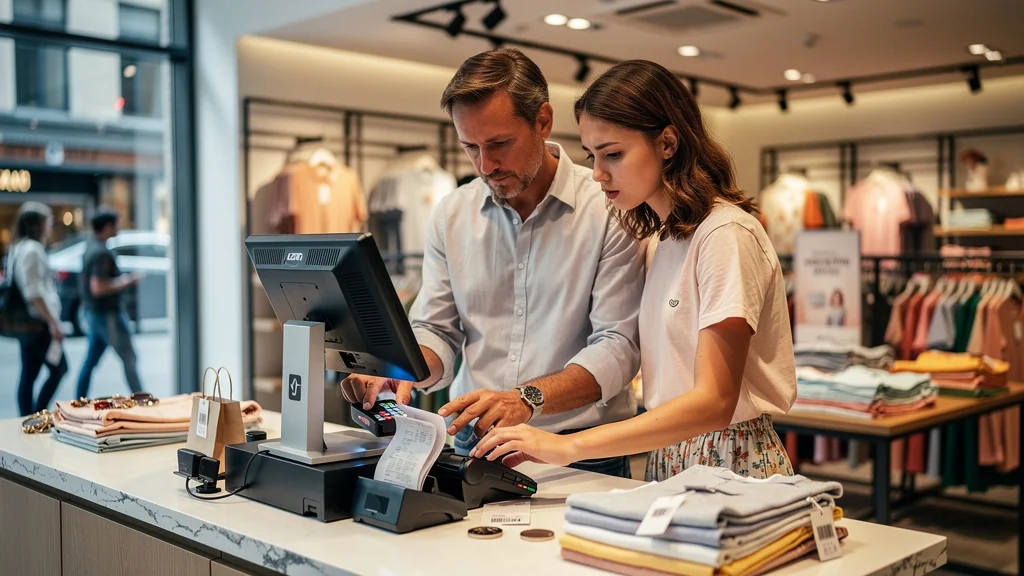 Formation d’un apprenti à la caisse avant les soldes d’été 2025 dans une boutique, scène réaliste de caisse