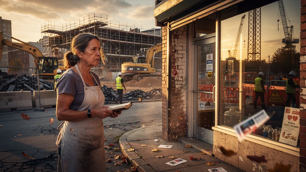 Commerçante inquiète devant chantier centre-ville impactant ses ventes, ambiance urbaine réaliste et dramatique