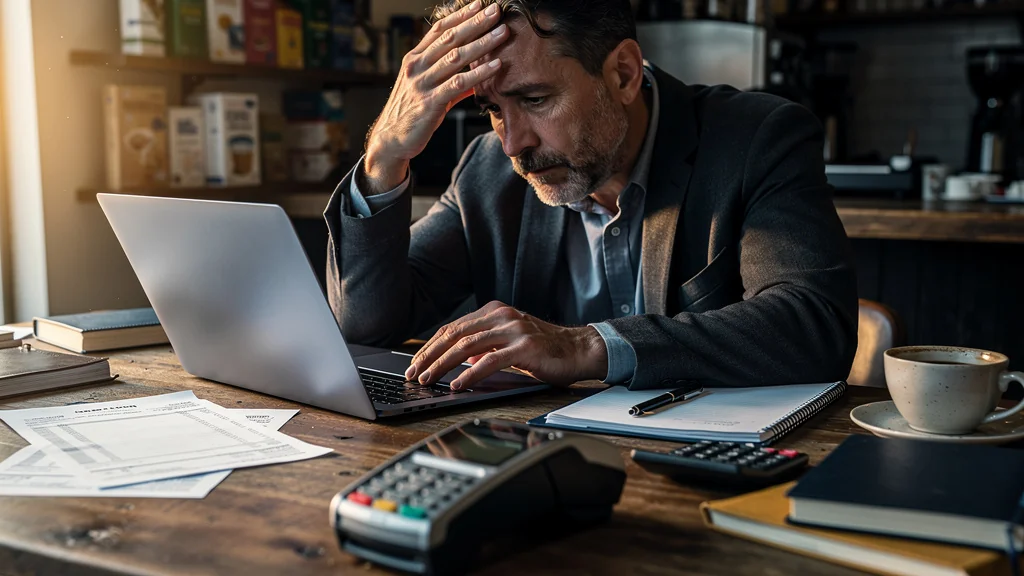 Terminal CB et relevé bancaire sur un bureau, illustrant des frais bancaires mal négociés