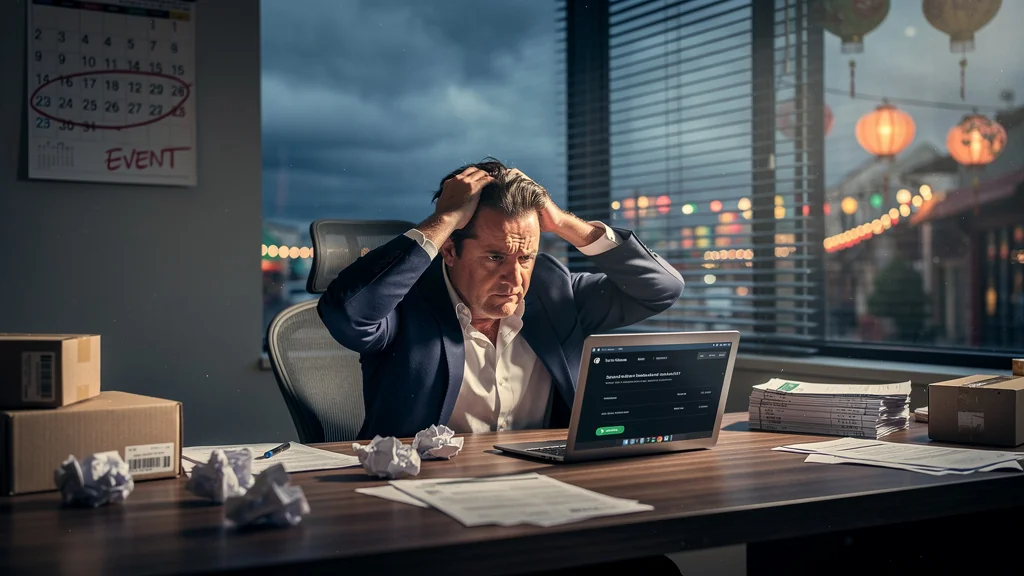 Homme stressé face à un retard fournisseur majeur pendant les fêtes locales avant un événement crucial