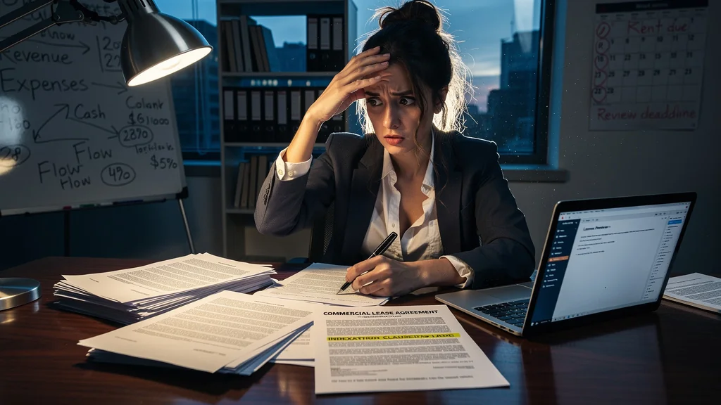 Femme regrettant un bail commercial contraignant avec clause d’indexation, ambiance de bureau tendue