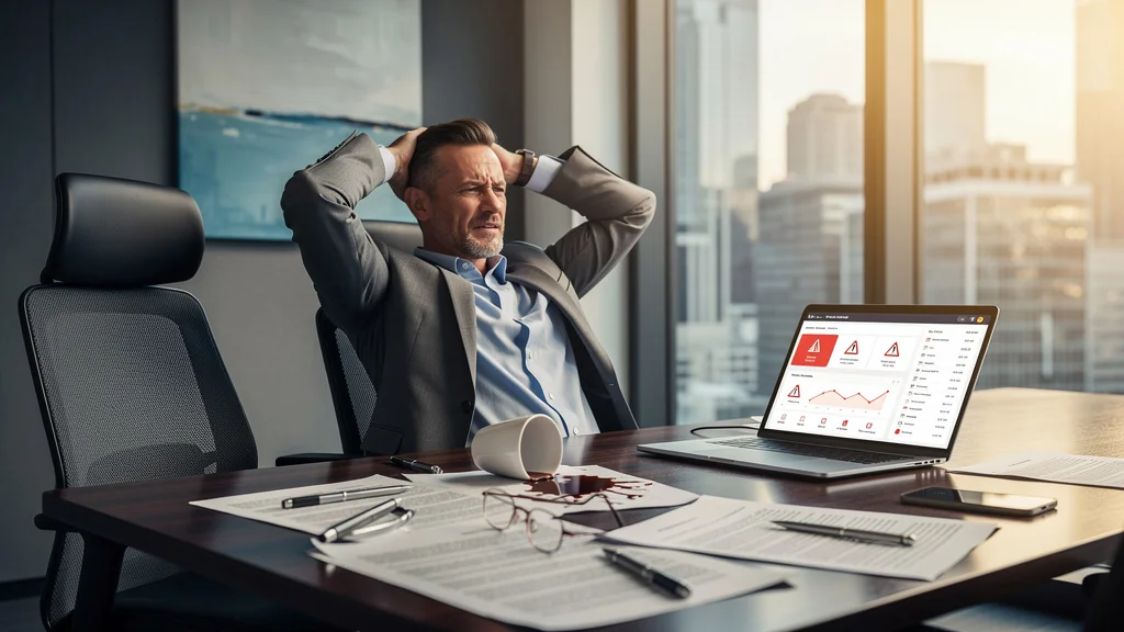 Homme frustré regrettant de ne pas avoir vérifié la qualité du fournisseur avant de signer le contrat