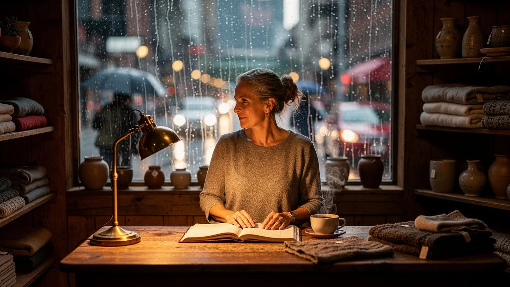Femme résiliente gérant sa boutique pendant une période de crise, atmosphère chaleureuse et pleine d’espoir
