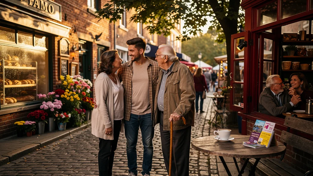 Scène réaliste illustrant le bouche-à-oreille créant la fidélité locale dans une rue animée au coucher de soleil