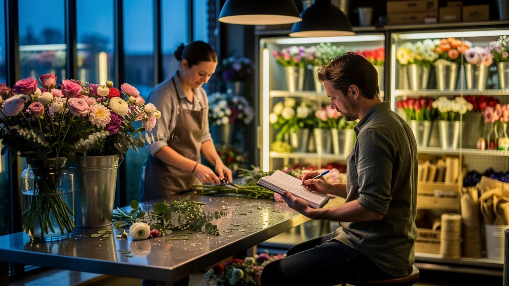 Journaliste dans une fleuristerie au petit matin, illustrant la vision des horaires après 8 entretiens avec des fleuristes