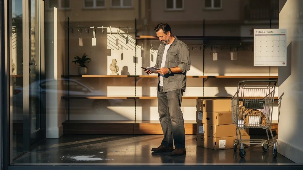 Vitrine vide d’un magasin après 9 jours sans livraison fournisseur, illustrant l’erreur de planification