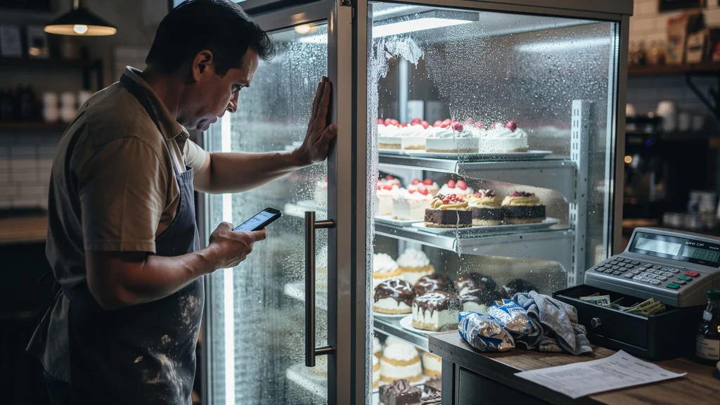 Frigo vitrine en panne dans un café, pertes de produits et stress du commerçant