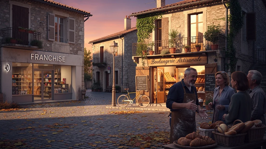 Photo réaliste d'une boutique locale face à une franchise vide au Cheylard, illustrant le choix d'éviter les franchises