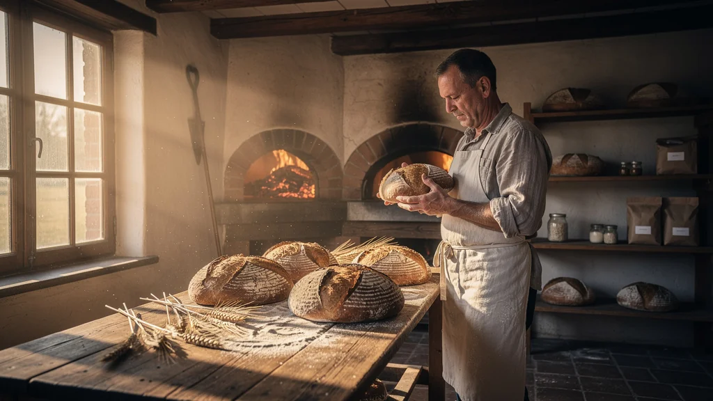 Artisan boulanger dans son fournil au lever du jour, préservant la valeur artisanale face aux promotions agressives