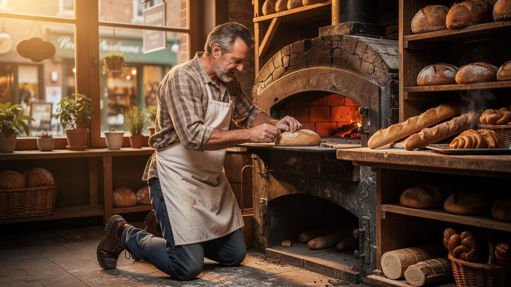 Boulanger réparant son four dans une boulangerie locale chaleureuse, illustrant la préférence pour les fournisseurs locaux