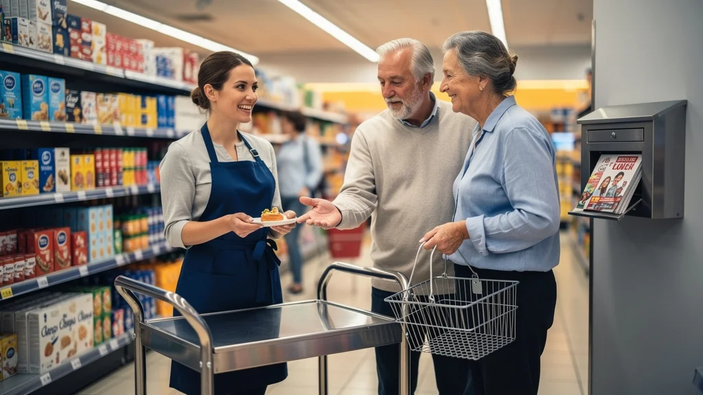 Démonstration en magasin face aux flyers en boîte aux lettres, scène réaliste de marketing en supermarché