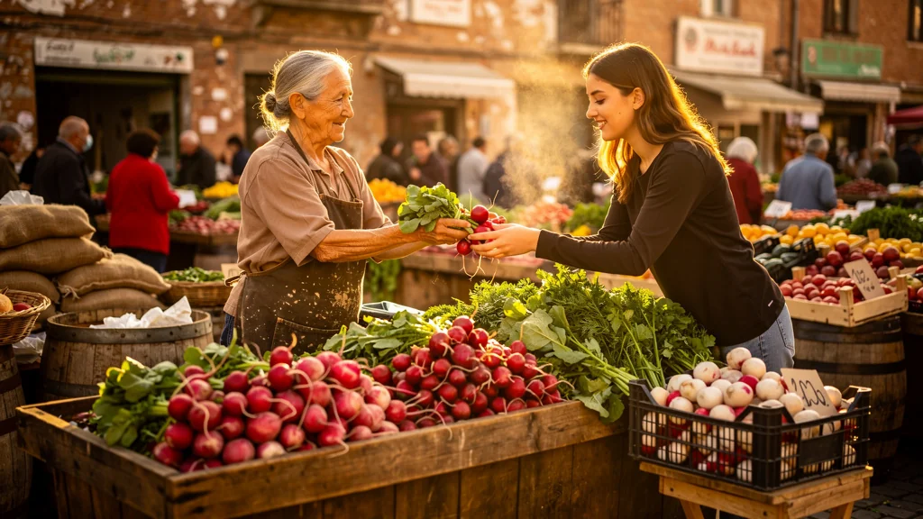 Radis frais du marché traditionnel contrastant avec ceux du supermarché sous lumière matinale chaude