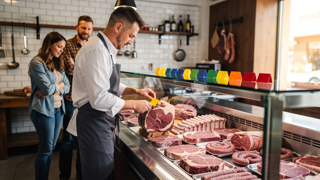 Test d'un affichage prix en couleur en boucherie, avec boucher et vitrines de viande