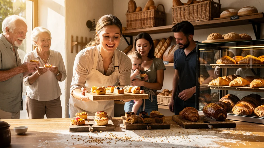 Test d’animation dégustation en boulangerie sur quatre samedis, avec clients et pâtisseries.