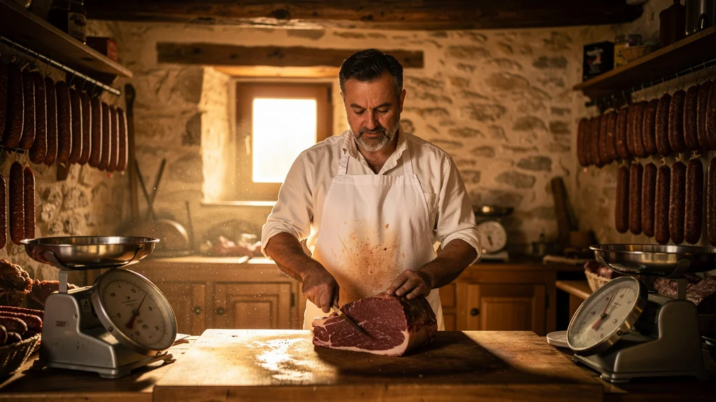 Butcher at Le Cheylard teaching patience and skill in a traditional butcher shop ambiance