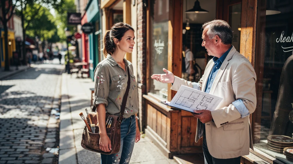Jeune artisane choisissant son premier local commercial avec un conseiller en pleine rue urbaine lumineuse