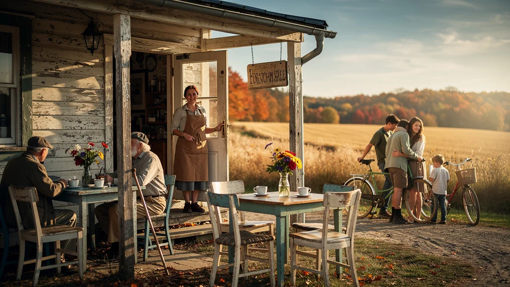 Café rural en reprise, ambiance estivale et automnale, espoirs et défis d'une communauté locale