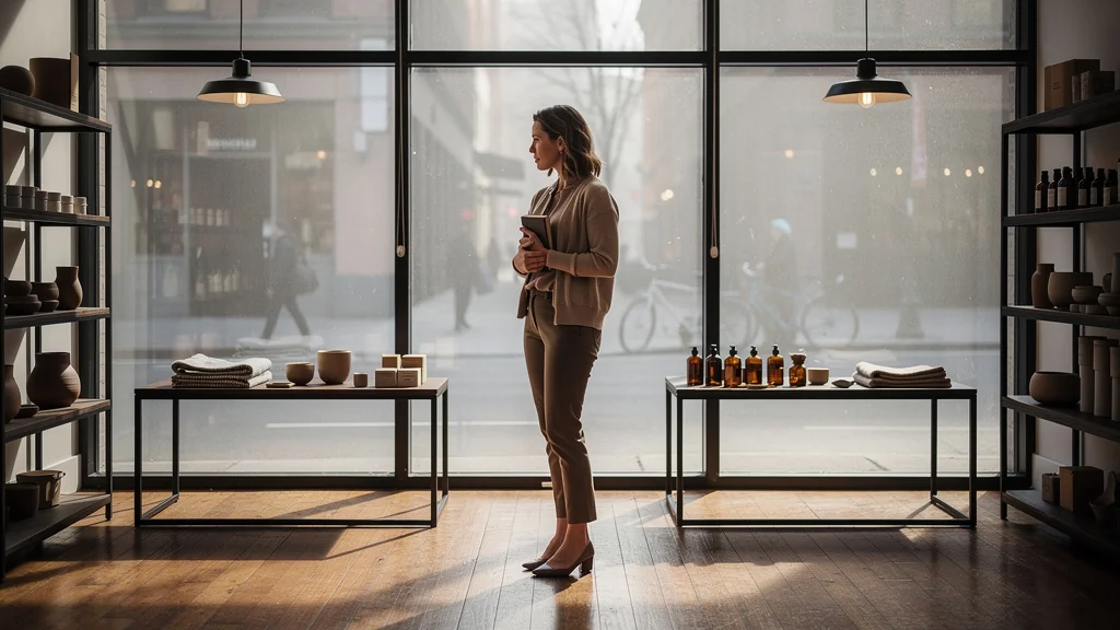 Portrait réaliste d’une femme dans une boutique vide révélant les émotions d’une ouverture retardée de six mois