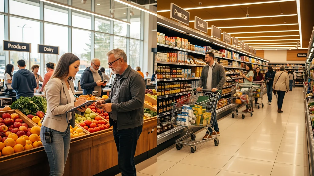 Client répondant à un questionnaire en épicerie entre heures de pointe et creuses