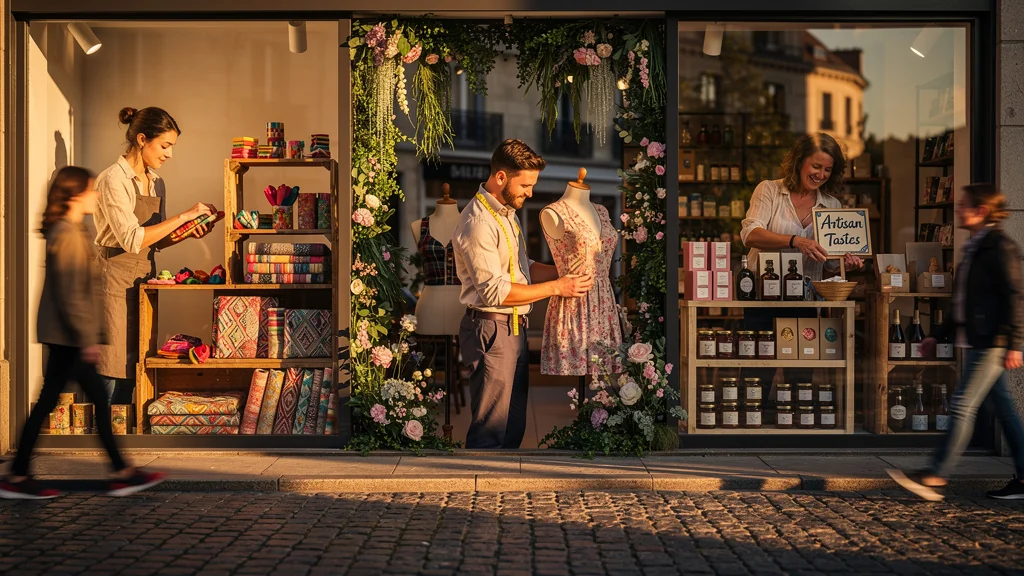 Atelier collectif de vitrines sur trois boutiques voisines, décor créatif et collaboration urbaine en plein jour