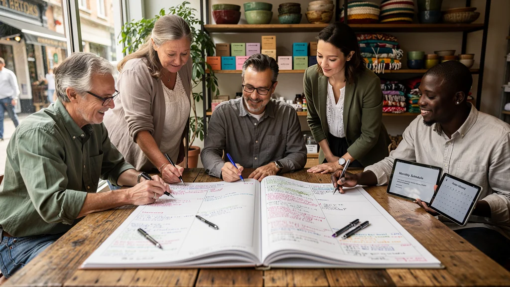 Partage d’un cahier de rendez-vous entre six commerçants pendant un mois, collaboration et organisation