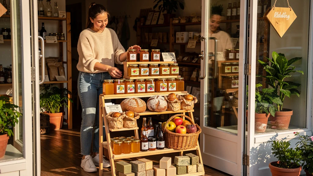 Présentoir local à l'entrée d'une boutique, portrait photo ultra-réaliste d'une mise en scène produits locaux
