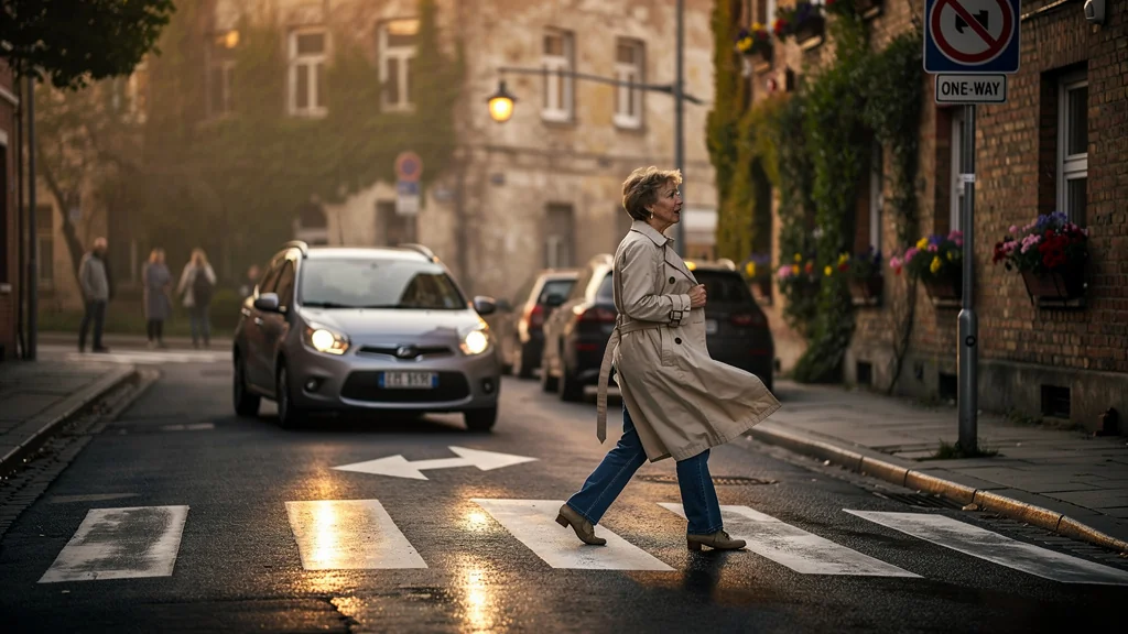 Femme traversant un passage piéton sur une rue à sens unique, impact du changement sur la circulation piétonne