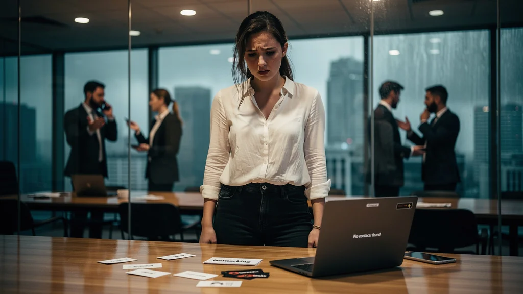 Jeune porteuse de projet renonçant dans un espace de travail moderne faute de réseau professionnel