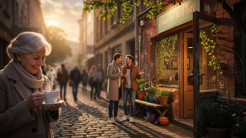 Rue animée revitalisée grâce à l'ouverture du café, symbole d'initiative porteuse et de vie retrouvée