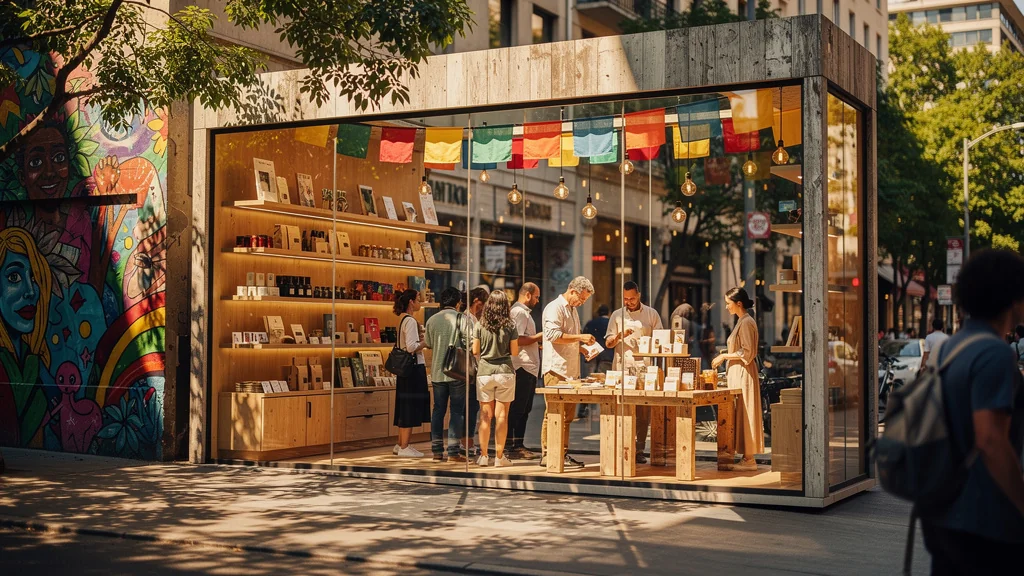 Boutique éphémère en ville testant le territoire local avec ambiance conviviale et produits artisanaux