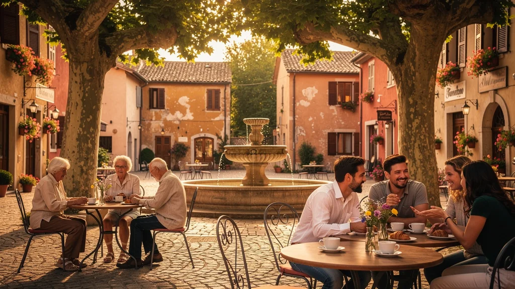 Terrasses de café animant une place de village ensoleillée avec des habitants profitant du moment