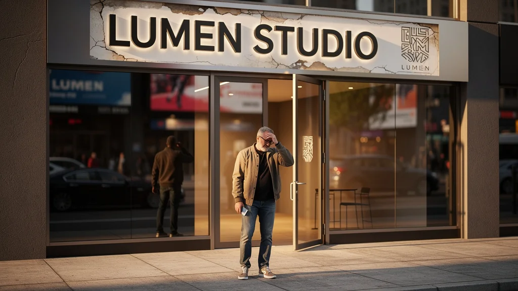 Client hésitant devant une boutique avec enseigne lisible et logo complexe peu visible