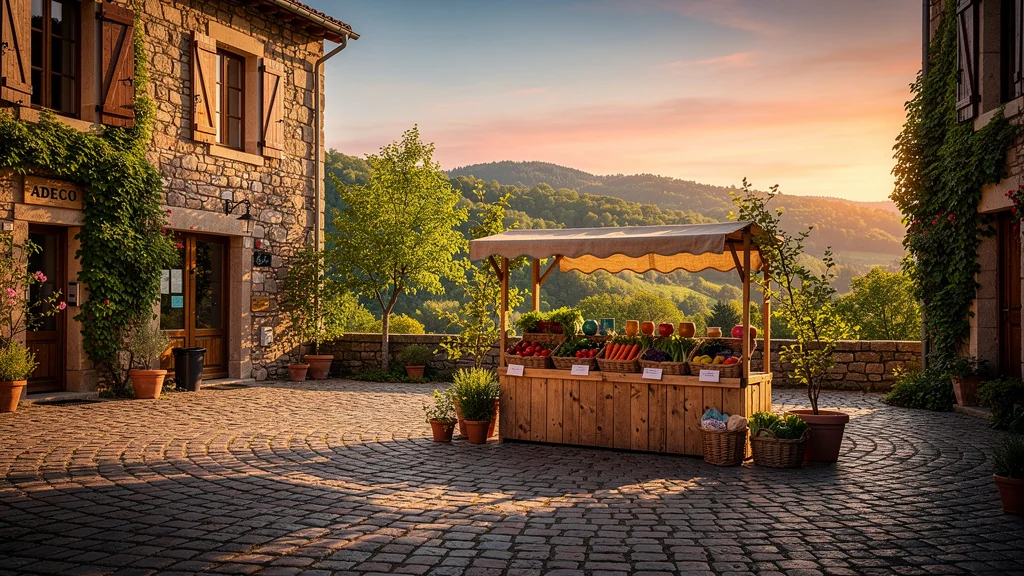 Pays du Cheylard au coucher du soleil, ambiance adeco avec marché artisanal et développement local