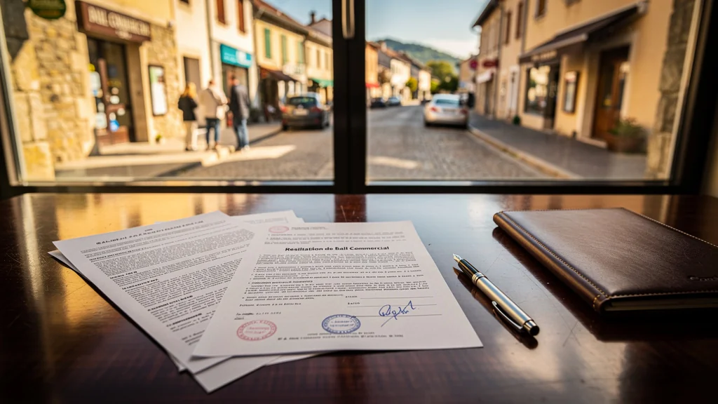 Documents de bail commercial et résiliation sur bureau en bois dans une ambiance urbaine locale lumineuse